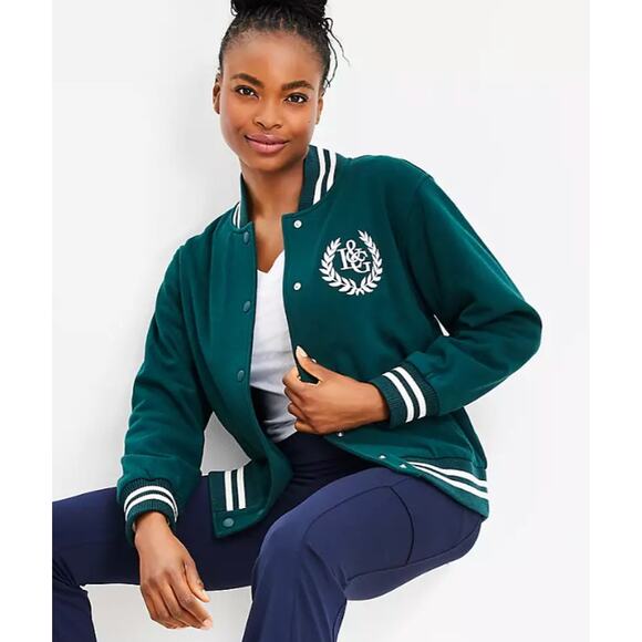 LOU & GREY Loft Crest Varsity Jacket Embroidered Bomber Green White Size L - Picture 5 of 8